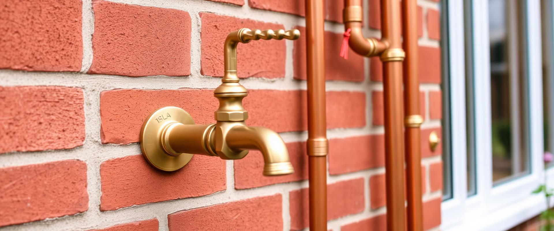 Brass outside tap installed on brick wall with copper pipework in garden