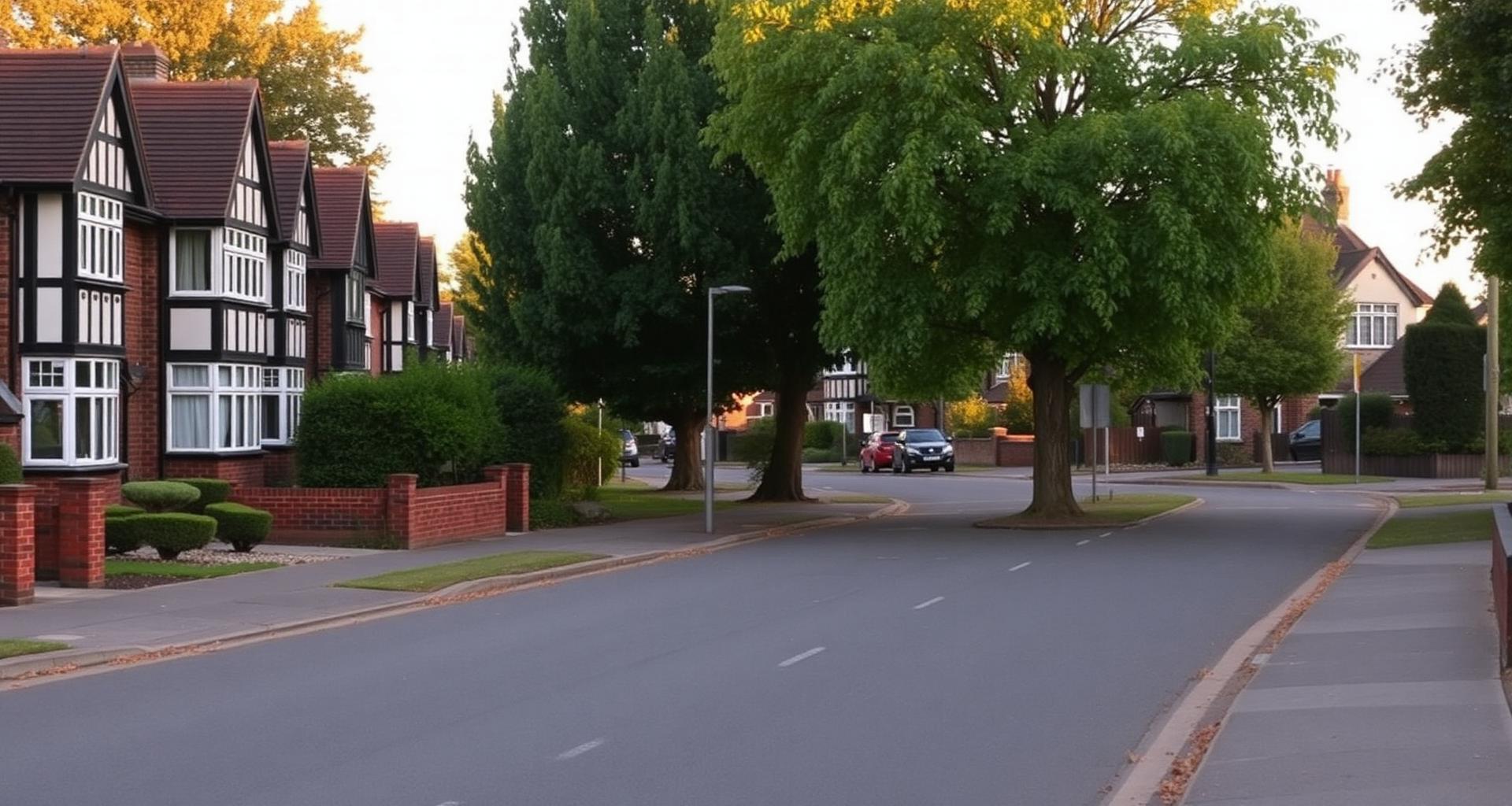 Quiet suburban street in Romford with 1930s mock-Tudor semi-detached houses